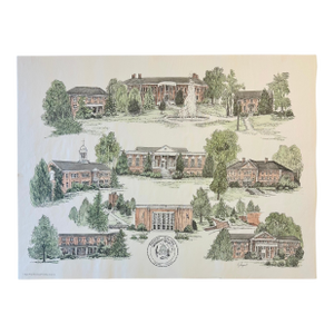 1980s Radford University Virginia Campus Print by Liz Bryant – Hand-Colored Architectural Illustration, 24” X 18”