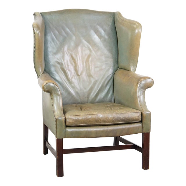 Wing Chair in Green Leather For Sale
