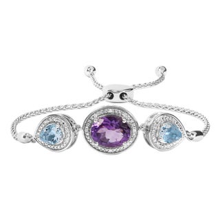 .925 Sterling Silver Oval Amethyst and Pear Blue Topaz with Diamond Accent Lariat 4”-10” Adjustable Bolo Bracelet (H-I Color, SI1-SI2 Clarity) For Sale