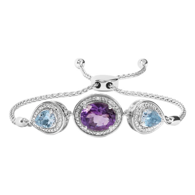 .925 Sterling Silver Oval Amethyst and Pear Blue Topaz with Diamond Accent Lariat 4”-10” Adjustable Bolo Bracelet (H-I Color, SI1-SI2 Clarity) For Sale