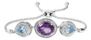 .925 Sterling Silver Oval Amethyst and Pear Blue Topaz with Diamond Accent Lariat 4”-10” Adjustable Bolo Bracelet (H-I Color, SI1-SI2 Clarity)