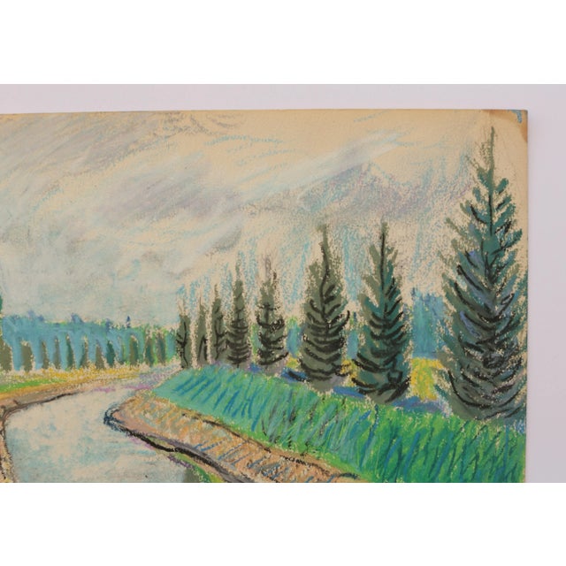 Mid-Century Modern 1950s Mid-Century Swedish Folk Art Original Oil Pastel Painting, Canal With a Rowboat and Greenery For Sale - Image 3 of 18