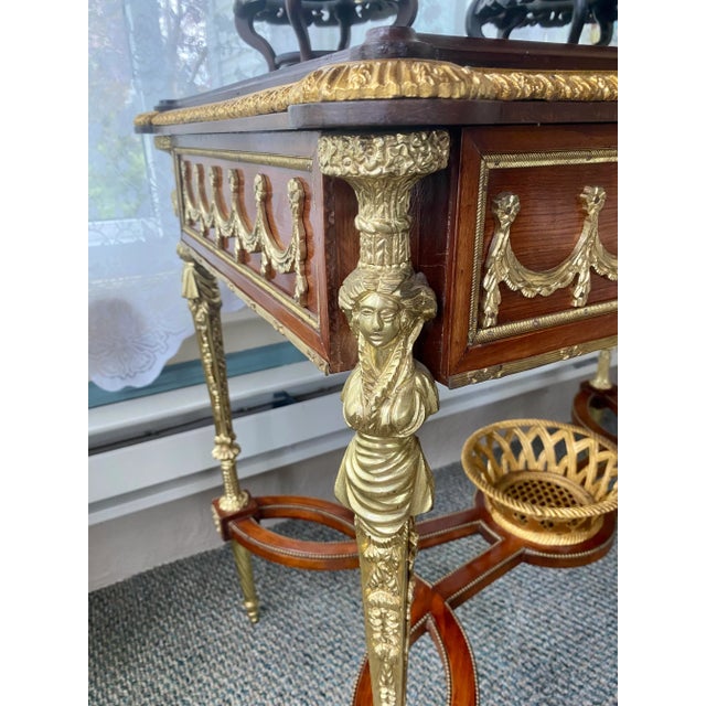 Mid 20th Century Louis XVI Style Centre Table in the Manner of Adam Weisweller, Brass Figures, Inlaid Wood For Sale In Chicago - Image 6 of 12