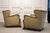 Pair elegant and characterful 1920s Art Nouveau wingback armchairs, beautifully combining sculptural oak detailing with...