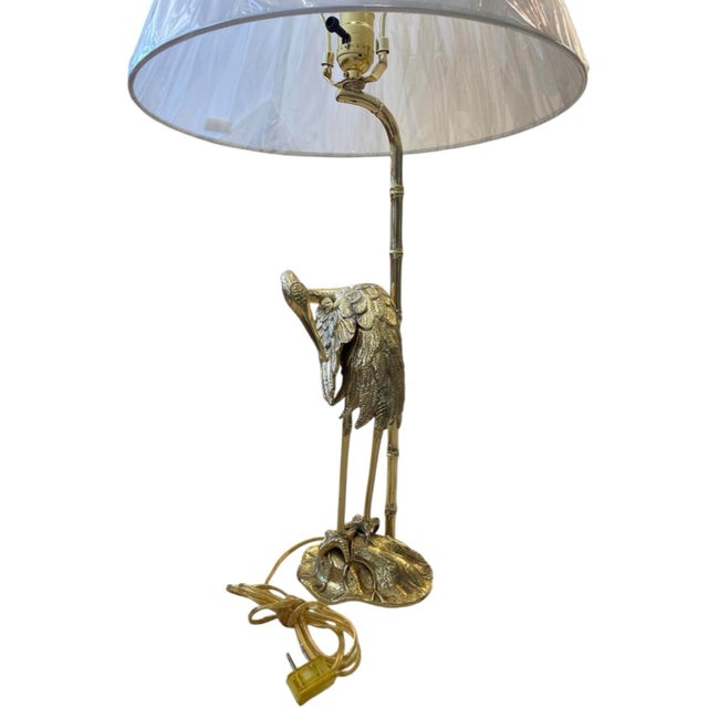 2000 - 2009 Vintage Hollywood Regency Brass Crane & Faux Bamboo Table Lamp For Sale - Image 5 of 12