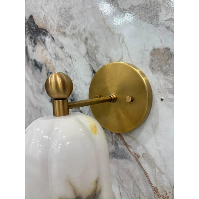 Not Yet Made - Made To Order Brass Alabaster Flower Wall Sconces, Brass Ruffle Alabaster Flower Shade, Wall Sconce Marble Wall Light Pair of 2 For Sale - Image 5 of 11