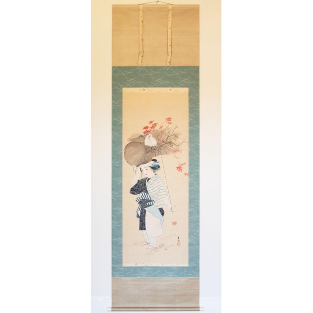 "Oharame" by Ogata Kaho, Meiji to Taisho Era Japanese Silk Painting in Wooden Case For Sale - Image 14 of 15