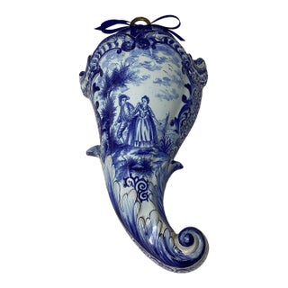 19th C Delft Wall Pocket Is Shape of Cornucopia For Sale
