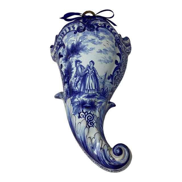 19th C Delft Wall Pocket Is Shape of Cornucopia For Sale
