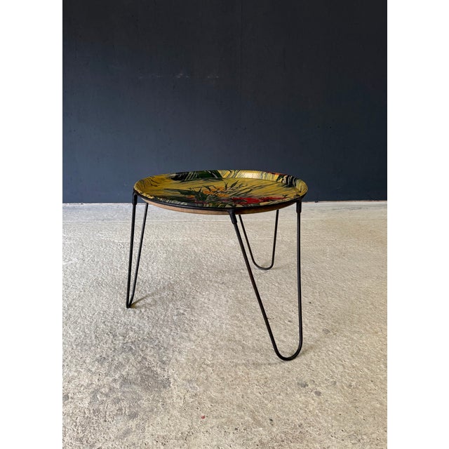 Vintage Midcentury French Design Tripod Tray Side Table. Made in France, 1950's period. Metal tripod base with ring that...