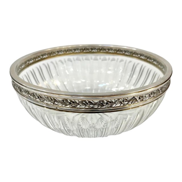 Early 20th Century Neoclassical Cut Crystal Bowl Hand-Worked Silver Plated Rim For Sale