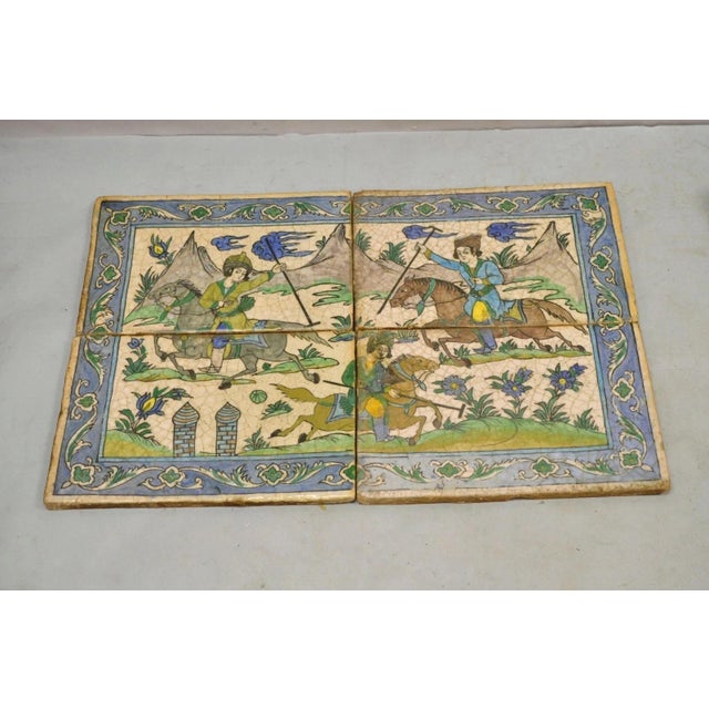 Ceramic Antique Persian Iznik Qajar Style Ceramic Pottery Tile Mosaic Polo Players C7 For Sale - Image 7 of 11