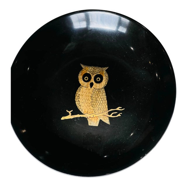 Couroc of Monterey Black Resin Owl Bowl, 7.75" — Mid-Century Modern Barware Collectible For Sale