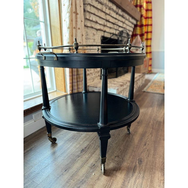 Wood Large Hickory Chair Atelier Collection Oval Bar Cart With Brass Gallery Rail & Antiqued Mirror Top For Sale - Image 7 of 8