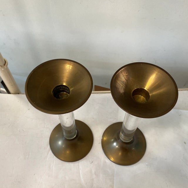 1980s Pair of 1980s Lucite and Brass Candlesticks For Sale - Image 5 of 5