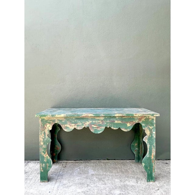 Vintage Distressed Scalloped Green Wood Table For Sale - Image 12 of 14