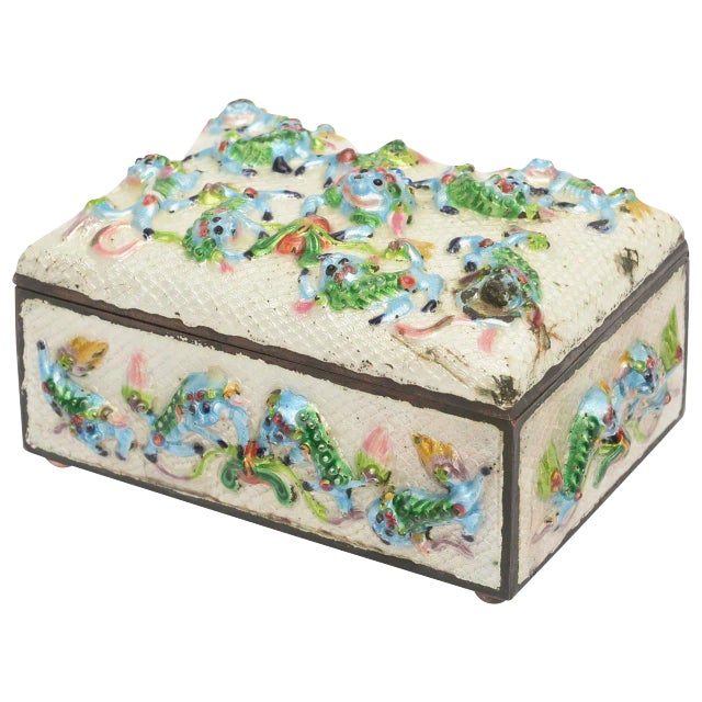 Enamel Foo Dog and Frog "Good Luck" Hinged Chinese Box !900's For Sale