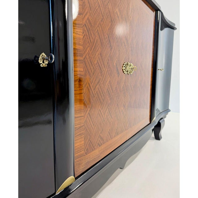 Metal French Art Deco Black Lacquered and Inlaid Walnut Sideboard in the style of Jules Leleu, 1940s For Sale - Image 7 of 15