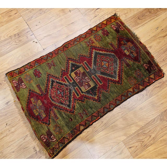 Turkish Antique Turkish Oushak Area Rug, Handwoven Wool, Geometric, Green & Red, 2' x 3' For Sale - Image 3 of 11