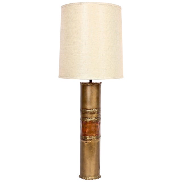 Tall handcrafted torch cut and welded brass and copper table lamp. Featuring a studio made cylindrical form, hand worked...