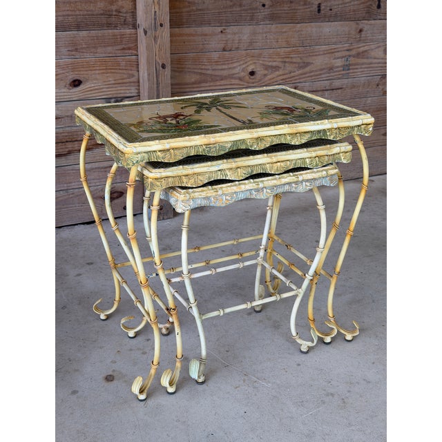 Metal Vintage Hollywood Regency Monkey Mosaic Stacking Nesting Tables – Set of Three For Sale - Image 7 of 12
