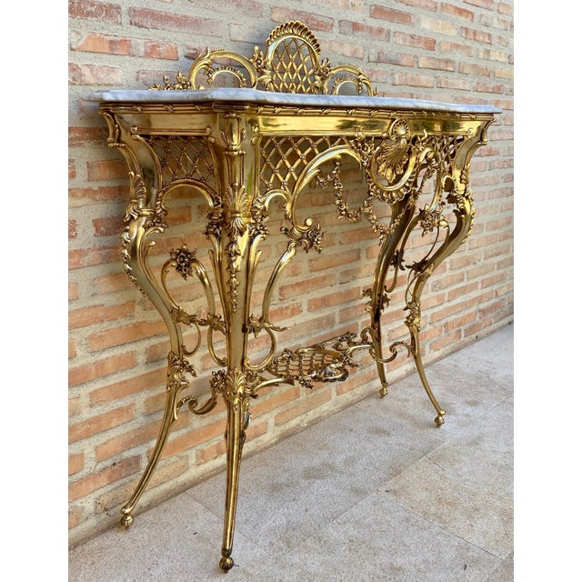 Metal Mid-Century Italian Gilt Bronze Console with Marble Top, circa 1960 For Sale - Image 7 of 14