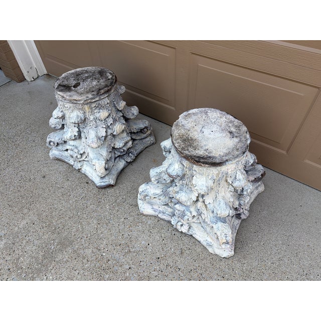 Late 20th Century Pair of Weathered Cast Concrete Corinthian Capital Garden Stands For Sale - Image 4 of 14