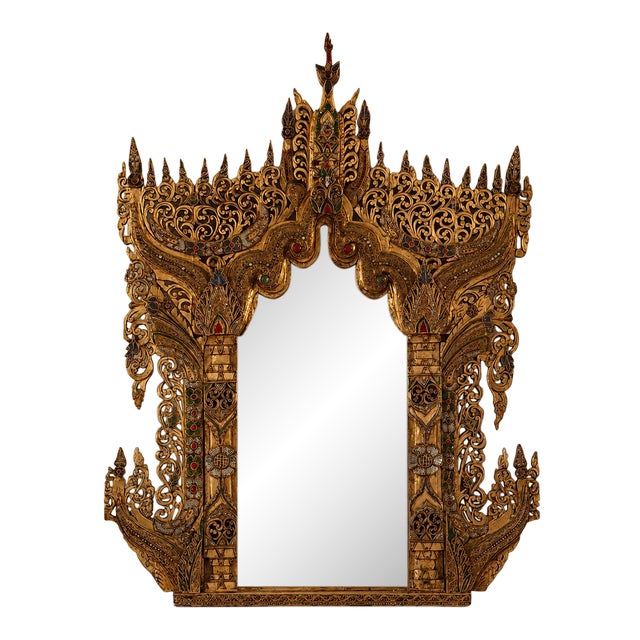 Mid 20th Century Large Hand-Carved Thai Lanna Teak Mirror For Sale