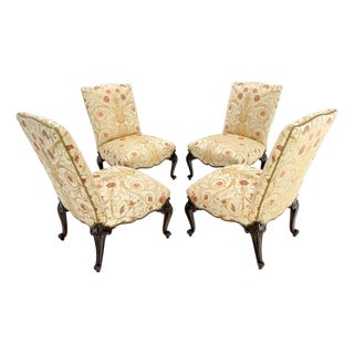 Set 4 Floral Gold & Red Upholstery Fine Carved Legs Slipper Lounge Chairs MINT! For Sale