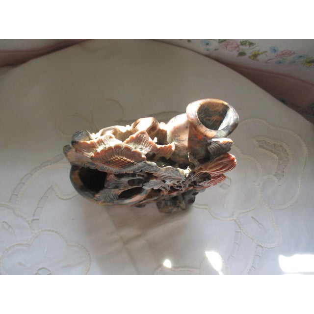 Chinese Antique Chinese Deep Carved Multi Colored Double Vase Soapstone Sculpture For Sale - Image 3 of 10