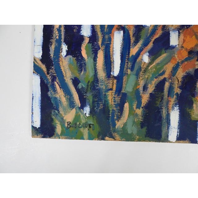 Contemporary gouache on wood panel expressionist painting of flowers with blue and white stripe background, abstract...