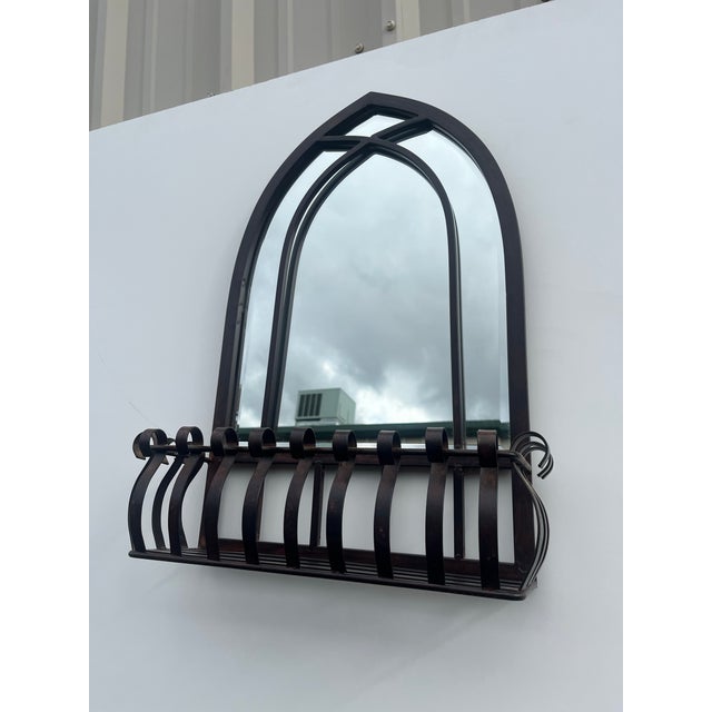 Black Blackened Bronze Cathedral Style Beveled Glass Wall Mirror and Caddy For Sale - Image 8 of 12