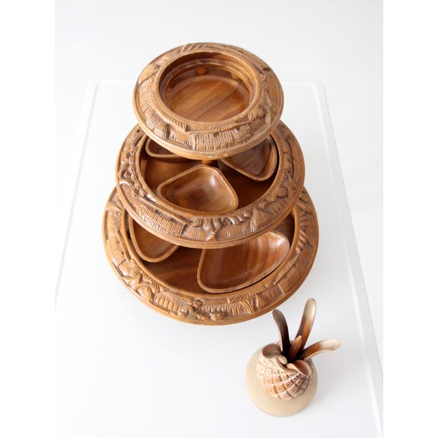 Wood Vintage Mid-Century Carved Wood Tiered Lazy Susan With Pineapple Finial For Sale - Image 7 of 17