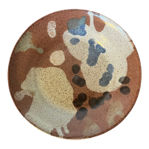 Mid-Century Art Pottery Plate in Abstract Blue and Brown Mottled Glaze