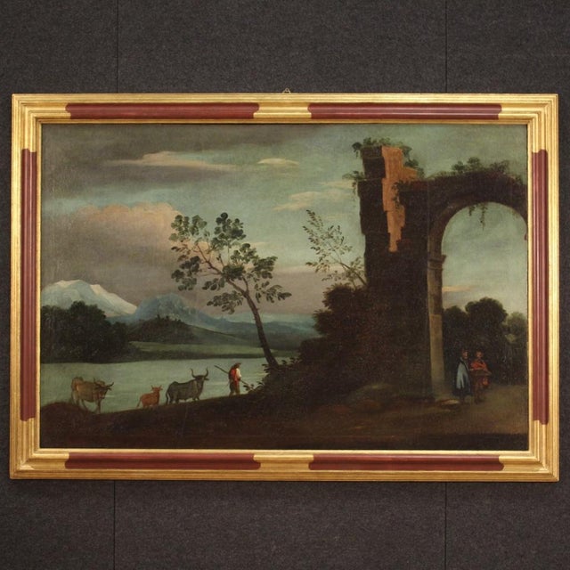 Italian Painting Landscape with Characters and Ruins, 1750, Oil on Canvas, Framed For Sale - Image 17 of 17