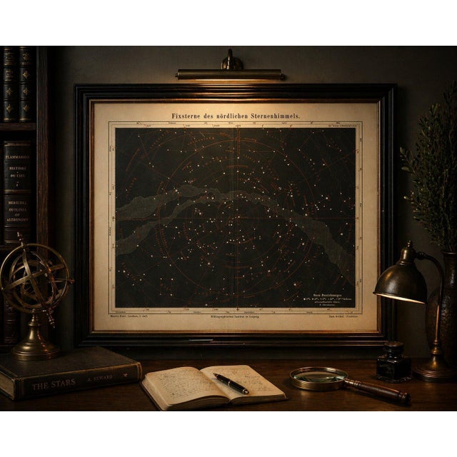 Antique Star Chart Northern Hemisphere “Fixsterne”, Meyers Leipzig c.1900 A striking and atmospheric antique astronomical...