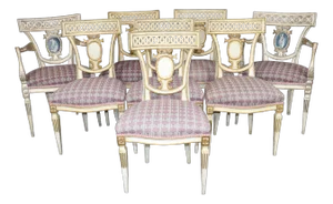Spectacular Set of 8 Italian Neoclassical Paint Decorated Figural Dining Chairs