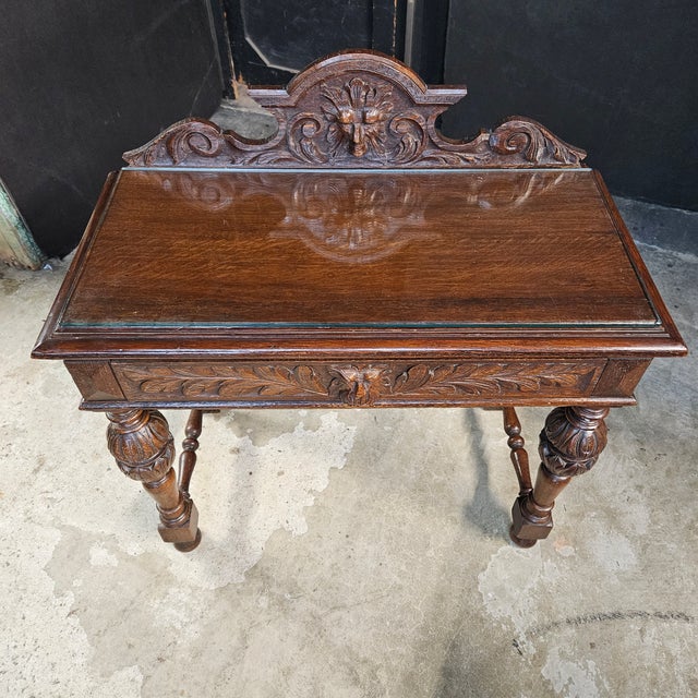 Brown Late 19th Century English Oak Heavily Carved Console Table With Drawer For Sale - Image 8 of 13