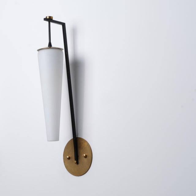 Black Large Vintage Italian Wall Sconce in Brass with Black Metal and Opaline Glass, 1950s For Sale - Image 8 of 8
