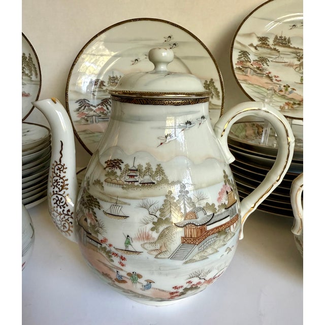 Japanese 1970s Japanese Hand-Painted Eggshell Porcelain Landscape Luncheon Tea Set - 36 Pieces For Sale - Image 3 of 17