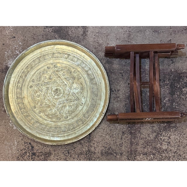 Antique Hand-Etched Brass Tray With Hand-Carved Walnut Wood Base and Mother-of-Pearl Inlay For Sale - Image 10 of 10