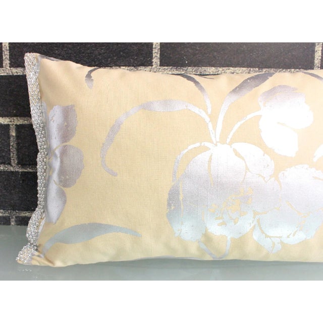 Vintage Silver Floral Hand-Painted Double- Sided Lumbar Pillow With Beaded Trim For Sale - Image 11 of 13