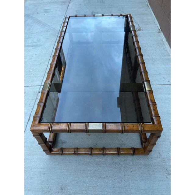 Wood Mid 20th Century Drexel Faux Bamboo Brass & Smoked Glass In-Set Coffee Table For Sale - Image 7 of 13
