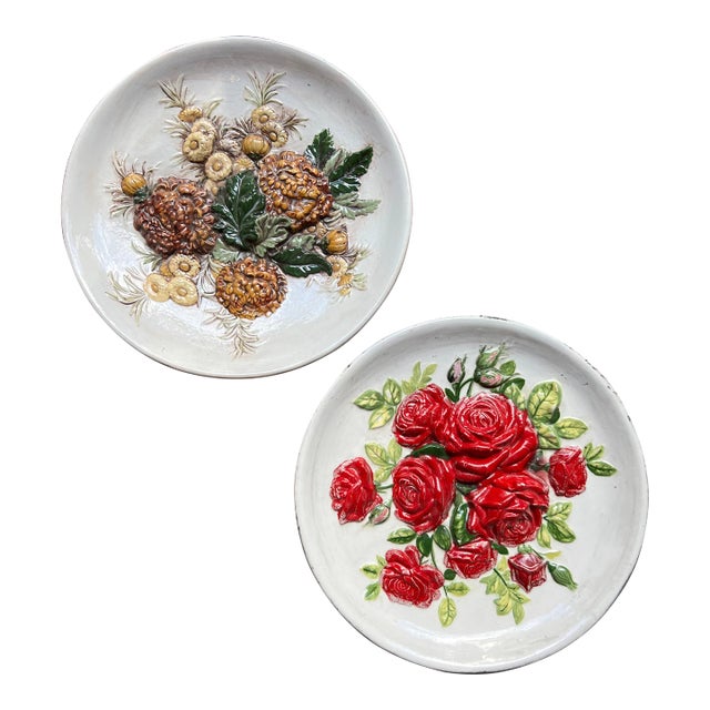 Pair of Decorative Floral Ceramic Dishes For Sale