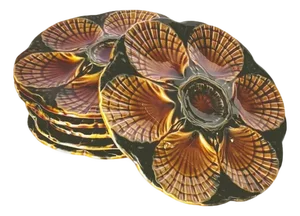 19th Century Majolica Oyster Plates in Green and Brown Glazes, Set of 6