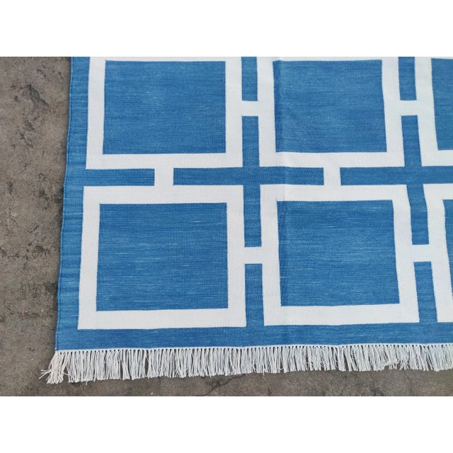 Sky Blue Handmade Cotton Pattern Square Rug, Sky Blue and White 8'x10' For Sale - Image 8 of 11