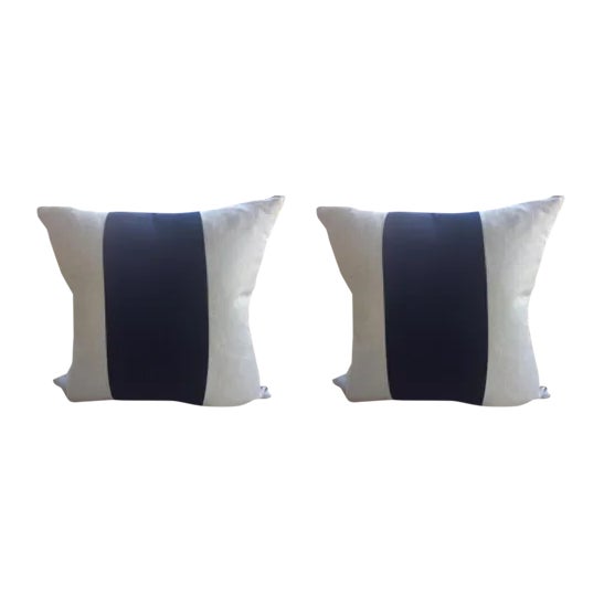 Custom Oatmeal Linen & Midnight Blue Mohair Stripe Pillows - a Pair For Sale