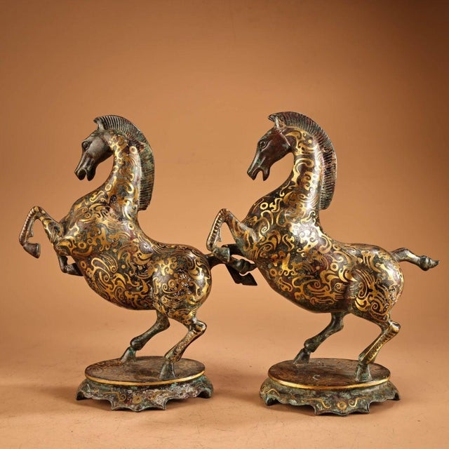 Pair of Vintage Bronze Galloping Horses – Gold Inlaid Figures on Stands For Sale - Image 9 of 10