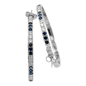 18k(750) Solid White Gold Natural Diamond and Sapphire Hoops Earrings, A Pair