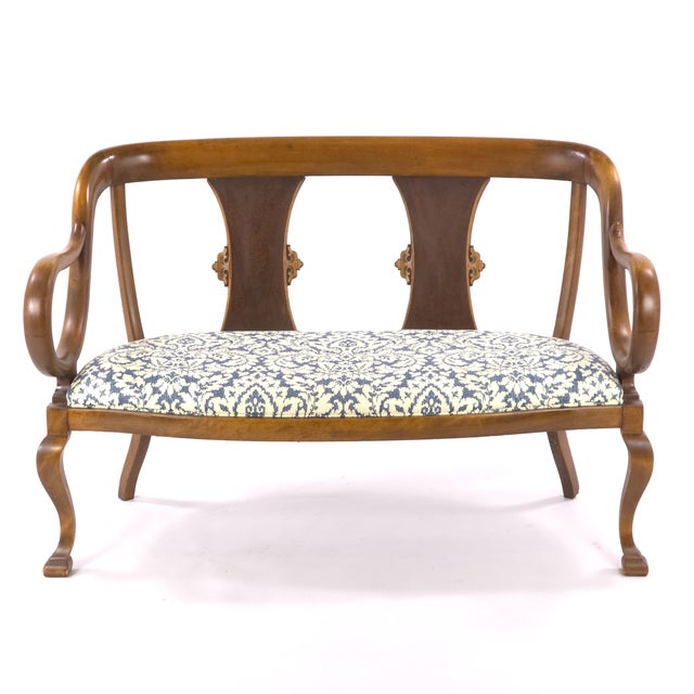 Vintage Neoclassical Revival Lyre Arm Wood Settee Bench For Sale